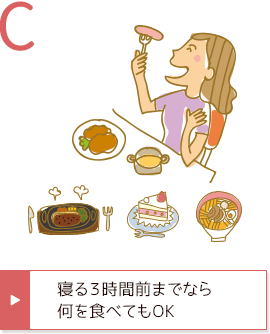 C 寝る3時間前までなら何を食べてもOK