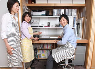 押し入れデスクを囲む吉島先生、蓑田、依藤