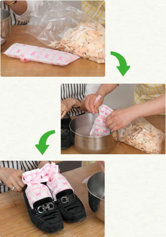 袋とヒノキチップの写真　ヒノキチップを袋に詰める写真　完成品を靴に詰めた写真