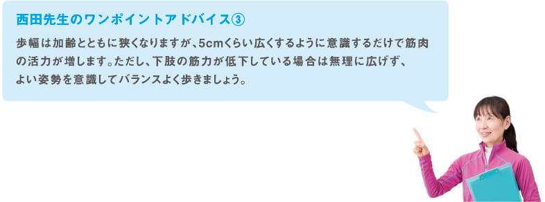 西田先生のワンポイントアドバイス(3)
歩幅は加齢とともに狭くなりますが、5cmくらい広くするように意識するだけで筋肉の活力が増します。ただし、下肢の筋力が低下している場合は無理に広げず、よい姿勢を意識してバランスよく歩きましょう。