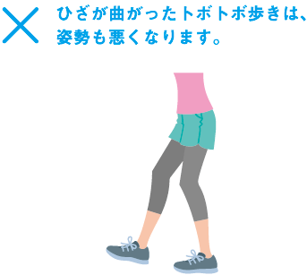 X ひざが曲がったトボトボ歩きは、姿勢も悪くなります。